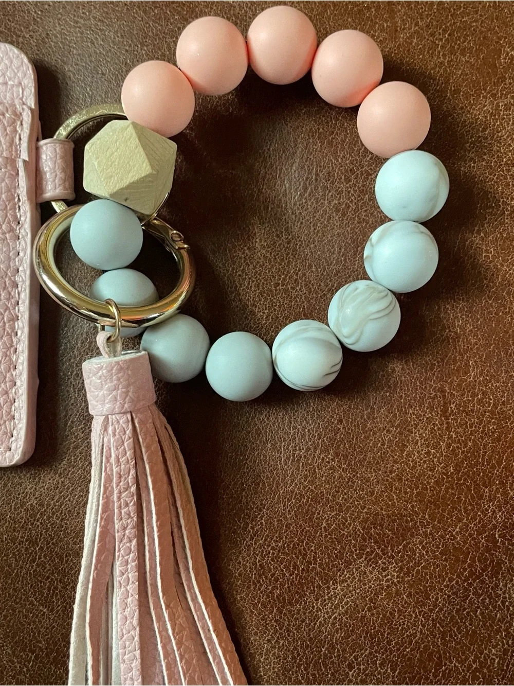 Silicone Wood Beaded Tassel Bracelet Wristlet Bangle Keychain Key Ring Wallet